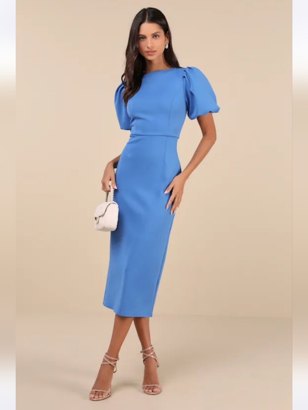 NWT Lulu's Simply Beloved Blue Puff Sleeve Bodycon Midi Dress